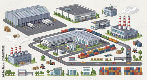 Industrial Complex - A Detailed Isometric View of Factories and Warehouses.