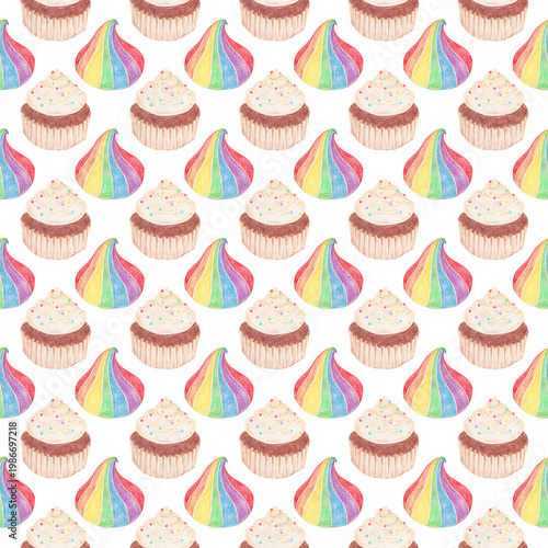 Rainbow meringue and cupcake watercolor seamless pattern , Hand-drawn pride month dessert illustration