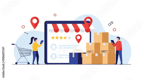 E-commerce fulfillment and retail logistics concept features people managing packages next to a large tablet storefront.