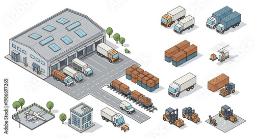 Isometric Warehouse and Transportation Vehicles Illustration.