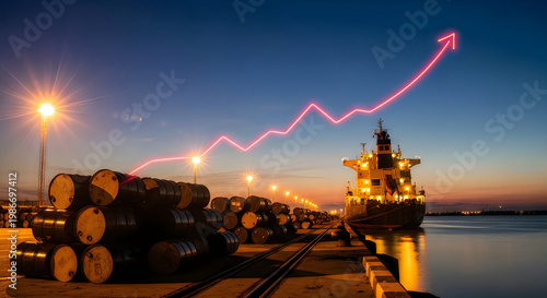 Industrial oil rig at dusk with a glowing trajectory in the sky