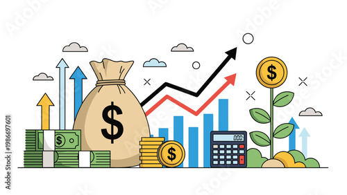 Financial investment growth and money management concept featuring a large sack of cash and a growing dollar plant.