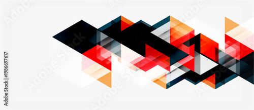 Abstract geometric shapes overlap, creating dynamic visual effect. Red, black, orange hues dominate white background. Modern design.