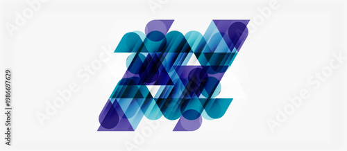 Abstract geometric composition. Overlapping circles, triangles create dynamic visual effect. Blue, purple hues dominate design.