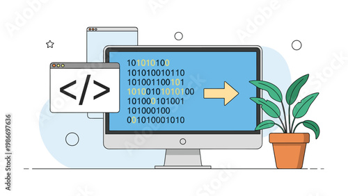 Software development and computer programming process shown with a monitor displaying binary data and coding windows.