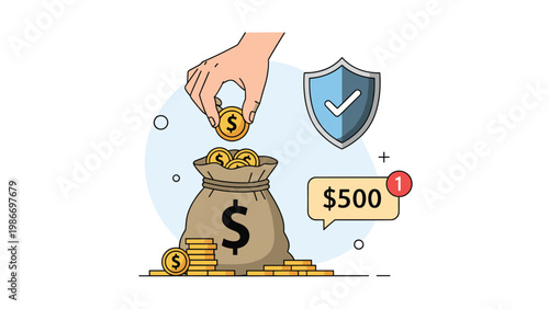 Human hand depositing a gold coin into a brown money bag with a security shield and a digital notification for five hundred dollars.