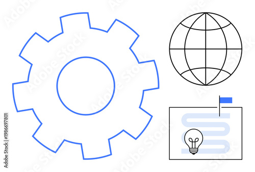 Global strategy. Gear, globe, and pathway with flag innovation, planning, and solutions for worldwide business strategy. Global strategy aids technology, teamwork, startups and progress