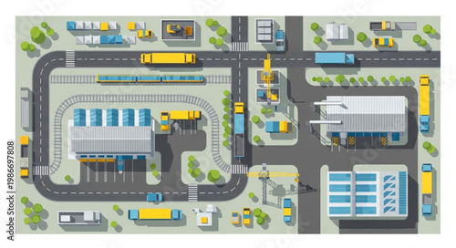 Overhead View of a Busy City Transportation Hub.