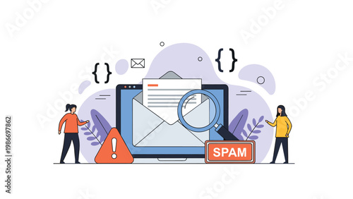 Two people using a computer to scan an incoming email for spam with a magnifying glass and digital warning icons for security.
