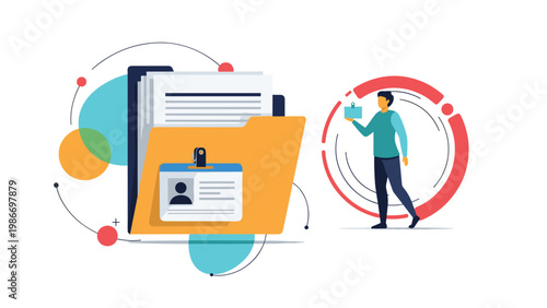 Man holding a digital file next to a large folder containing a user identification card and abstract colorful digital shapes.