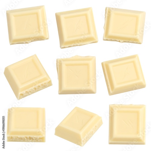 Assortment of nine square, white chocolate pieces isolated on white