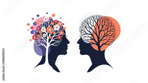Two human profiles with trees growing from their minds representing growth and different states of mind on a white background.
