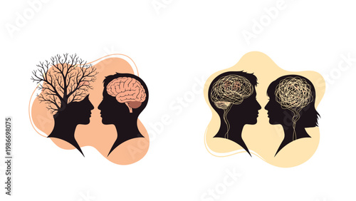 Comparison of human heads showing various mental states through symbols like trees, brains, and chaotic scribbles.