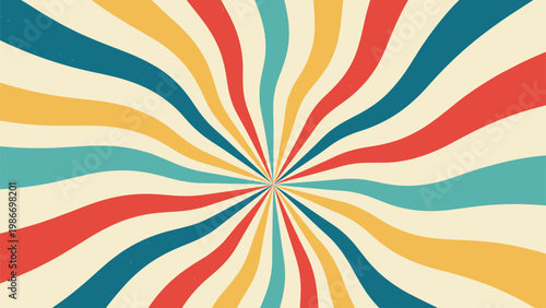 Vibrant retro sunburst background with colorful wavy rays in teal, orange, and red creates a nostalgic psychedelic 70s aesthetic.