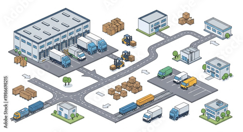 Isometric Illustration of a Logistics and Transportation Network.