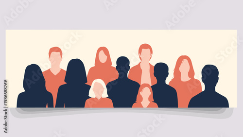 Group of diverse people silhouettes in contrasting colors stands together in a row against a light beige rectangular background.
