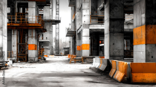 disavowal. Construction site with abstract industrial elements, metal and concrete textures, and dramatic side lighting. real-estate listings.