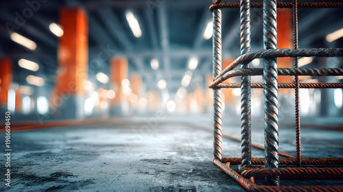 disavowal. Construction site with abstract industrial elements, metal and concrete textures, and dramatic side lighting. real-estate listings.