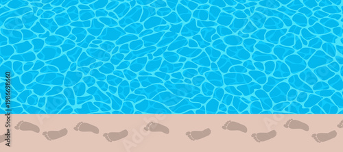 Panoramic vector illustration of damp, dark footprints on a summer surface, symbolizing relaxation, vacation, and poolside fun with copy space