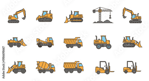 Collection of heavy construction vehicles.