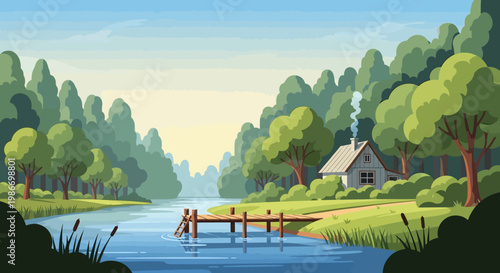 Small wooden dock extending into a calm river.