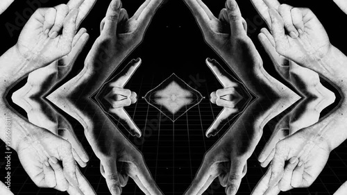 A mesmerising kaleidoscopic style abstract background featuring posed spinning hands in a looping pattern.
