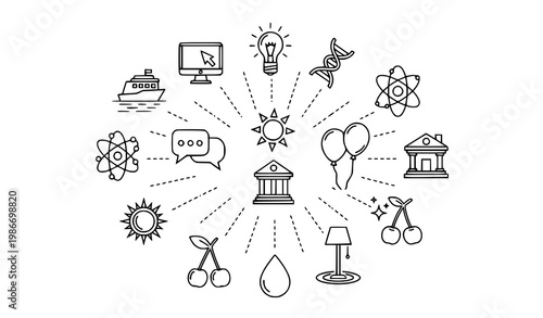 Thin stroke minimal mixed icon set with science communication and nature outline symbols for UI design
