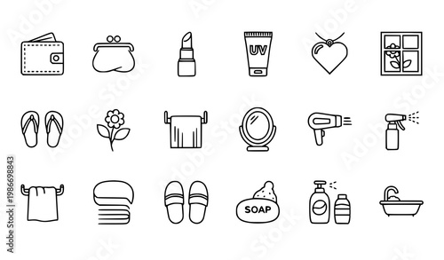 Thin stroke minimal beauty icon set with personal care cosmetic and hygiene outline symbols for UI design