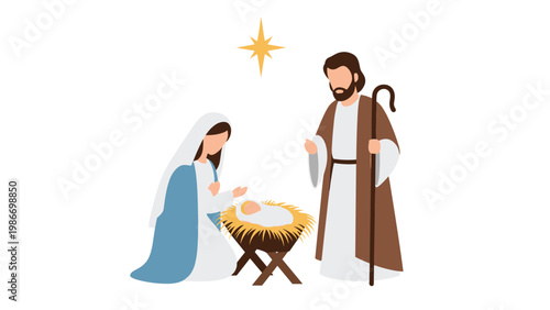 Traditional nativity scene featuring Mary, Joseph, and the infant Jesus in a manger under the bright star of Bethlehem in a flat style.