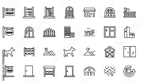 Thin stroke minimal retail icon set with architecture shop and environment outline symbols for UI design