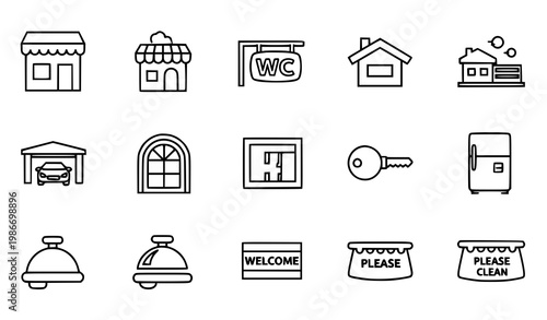 Minimal thin line home and real estate icon set with house shop and service outline symbols vector