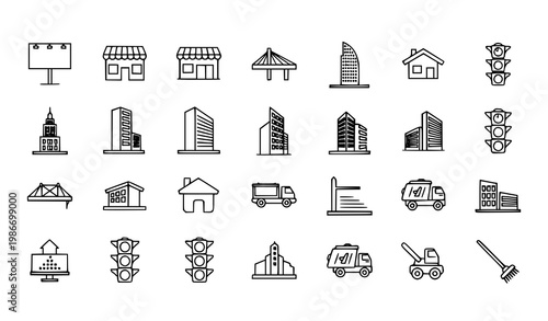 Modern outline city infrastructure icon collection with urban buildings and transport systems in thin line style vector
