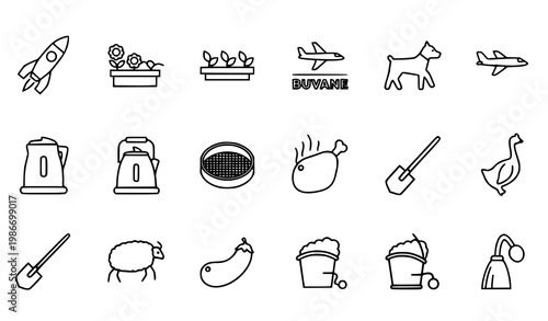 Thin stroke minimal mixed icon set with travel agriculture and cleaning outline symbols for UI design