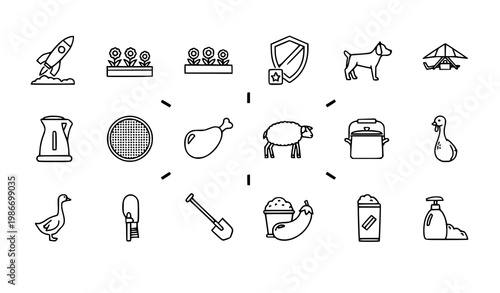 Modern outline mixed icon collection with travel farming and household symbols in thin line style vector
