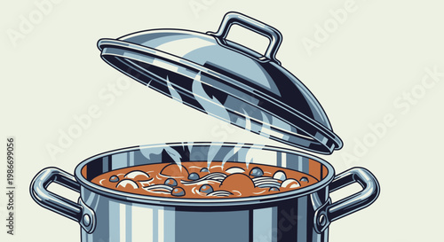 Steaming hot pot with food.