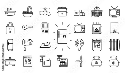 Thin stroke minimal home appliance icon set with kitchen and utility outline symbols for UI design