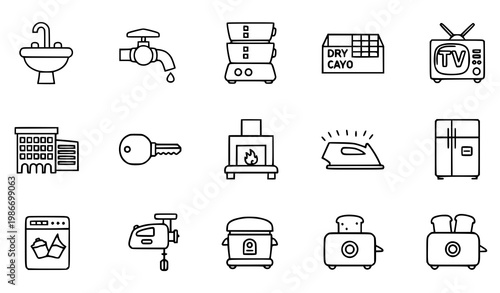 Modern outline home appliance icon collection with kitchen equipment and utility symbols in thin line style vector
