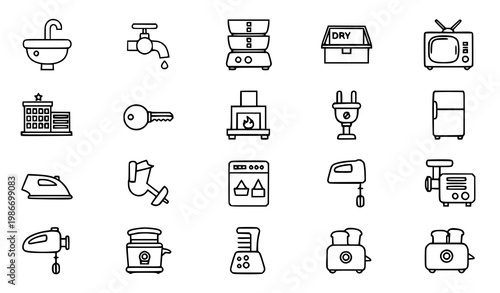 Minimal thin line kitchen and home appliance icon set with utilities and equipment outline symbols vector