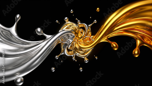 Abstract 3D Render of Swirling Gold and Silver Liquid Metal Splash Collision with Floating Droplets on Black Background, Luxury Metallic Fluid Art Concept