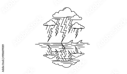 Lightning over sea black and white vector with reflection thunderstorm ocean line illustration