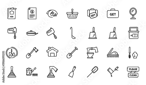 Thin stroke minimal household icon set with cleaning tools and kitchen outline symbols for UI design