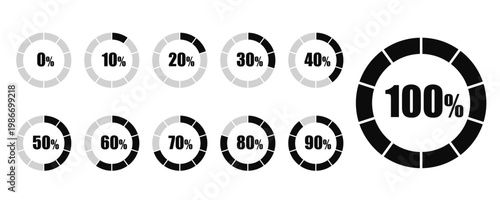 vector progress bar set (0, 10, 20, 30, 40, 50, 60, 70, 80, 90, 100) clip art isolated on transparent background. 