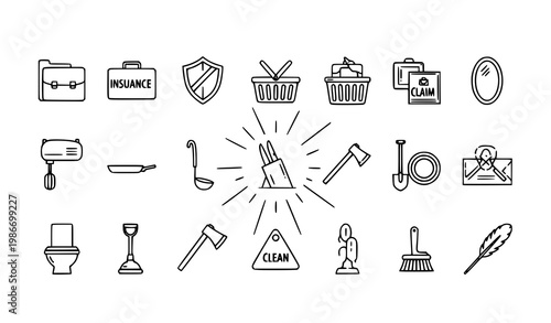Modern outline household icon collection with cleaning kitchen and service symbols in thin line style vector