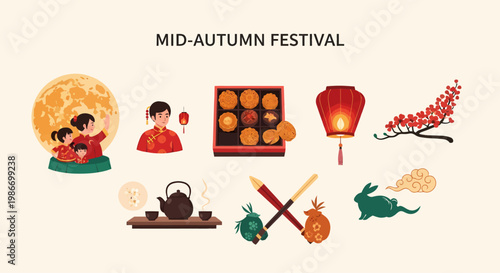 Collection of MidAutumn Festival illustrations including mooncakes lanterns family portraits and jade rabbits