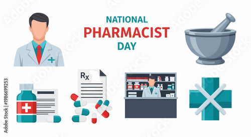 Collection of pharmacyrelated illustrations including pharmacist avatars medicine bottles pills and mortar