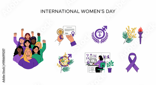 Diverse women gender symbols mimosa flowers and icons for International Womens Day illustration