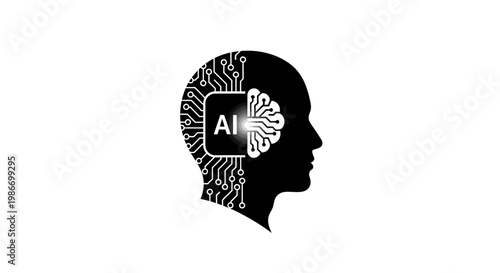 Black silhouette head with AI brain.