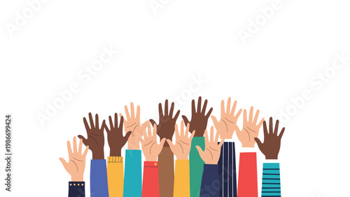 Diverse group of hands in various skin tones raised in the air against a plain white background representing participation.