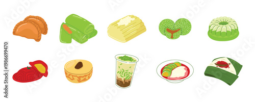 Flat design illustration of Indonesian traditional desserts and cakes collection. Illustration of Indonesian traditional street food and snacks set