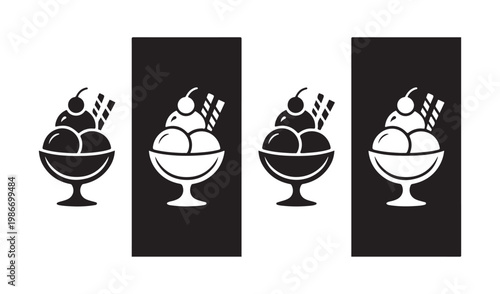 Ice Cream Sundae Icons with Cherry and Wafer in Positive and Negative Space